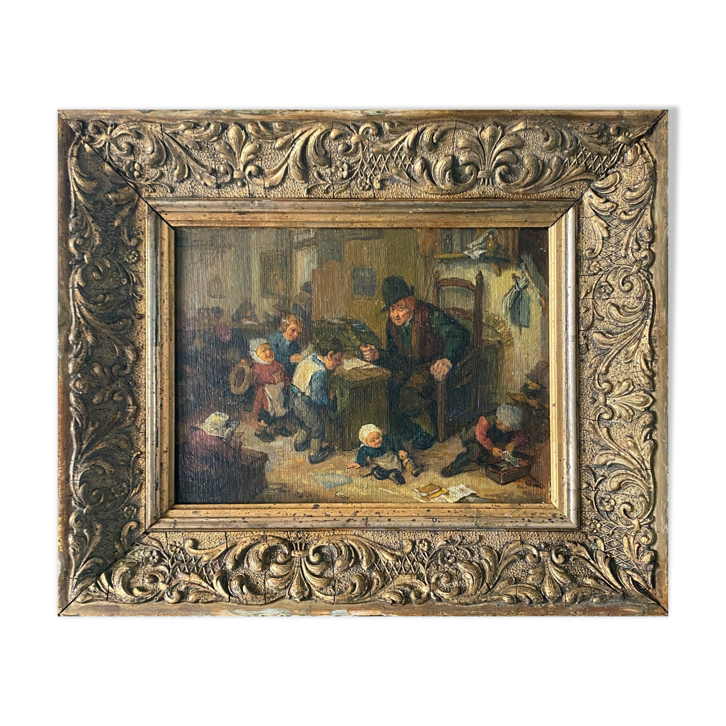 Painting "The schoolmaster" old copy of the Louvre of Mahudez cf. Van Ostade