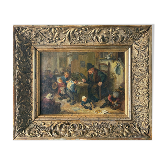 Painting "The schoolmaster" old copy of the Louvre of Mahudez cf. Van Ostade