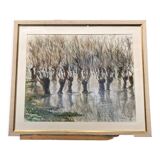 Aquarelle représentant des arbres avec leurs reflets dans l'eau