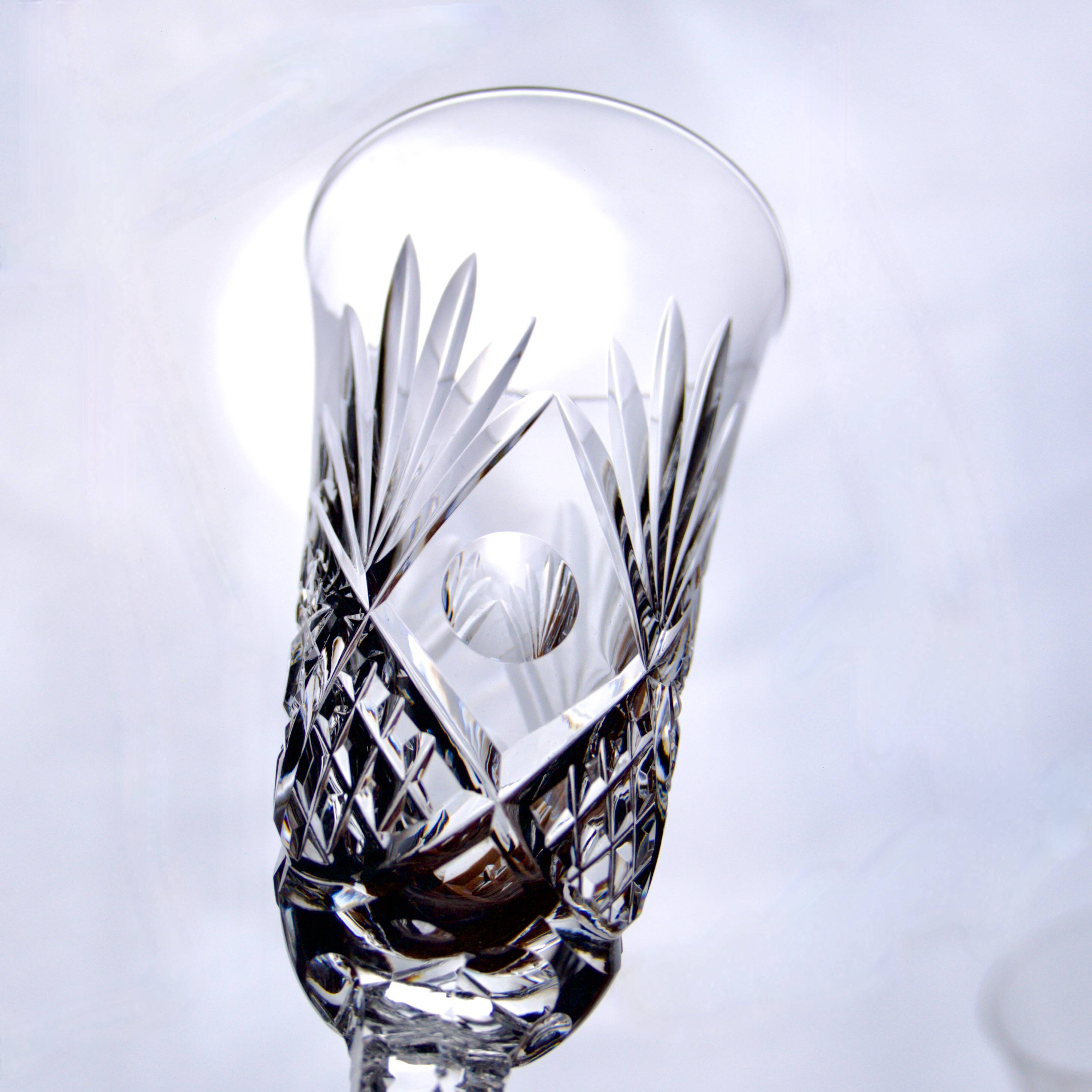 Large antique hand-cut crystal champagne flutes signed LS