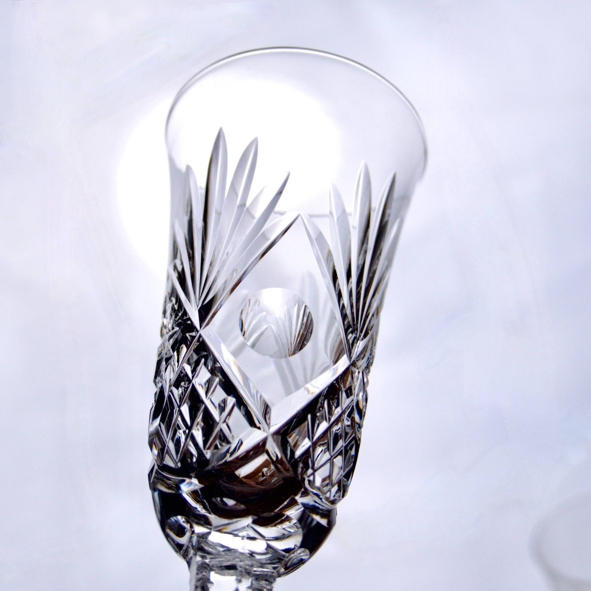Large antique hand-cut crystal champagne flutes signed LS