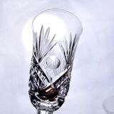 Large antique hand-cut crystal champagne flutes signed LS