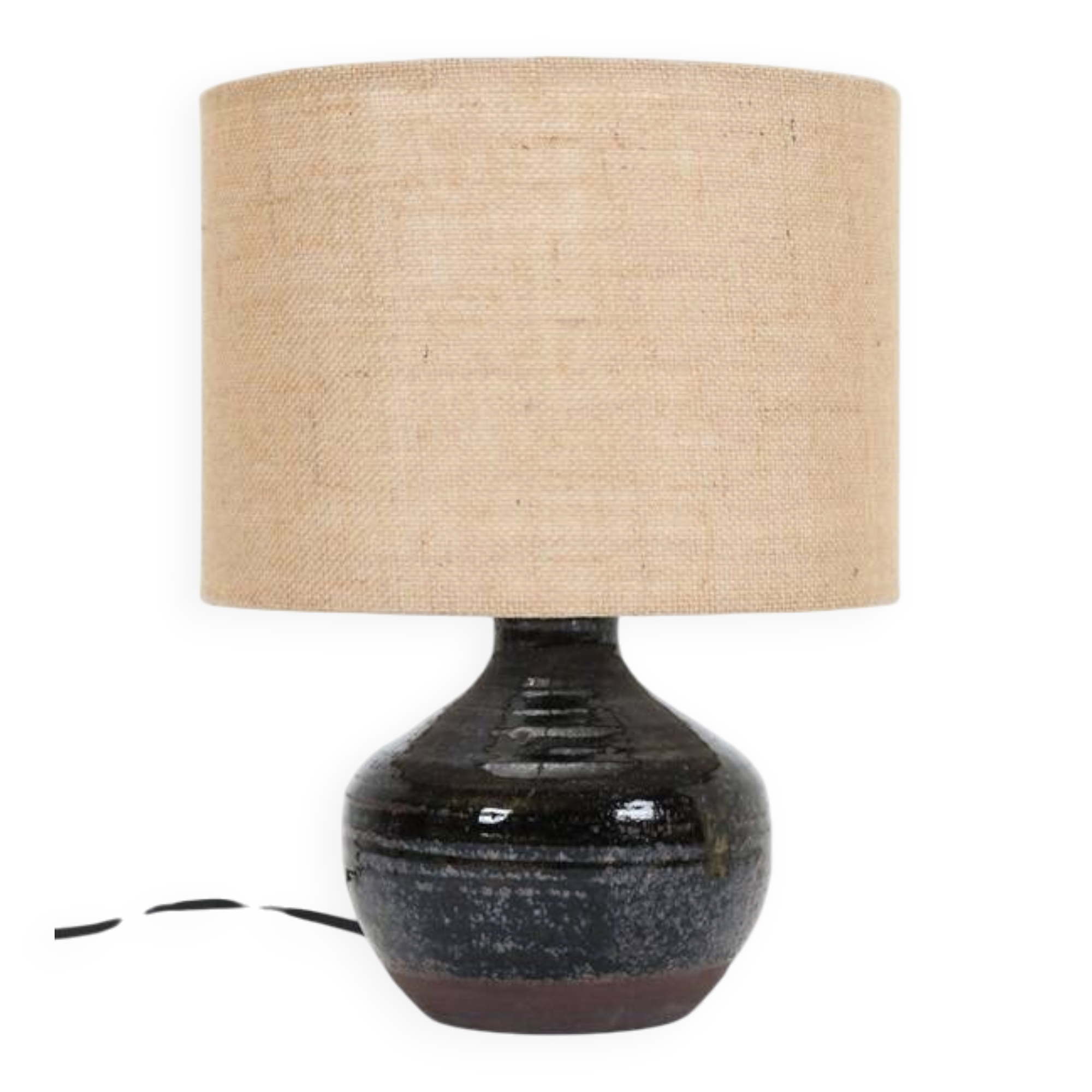 Rare, handcrafted Robert “Rob” Bentsen ceramic table lamp with a jute lampshade / Mid-century Danish modern design / 1960s / 1970s