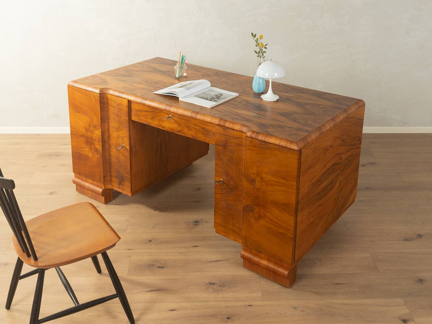 Double pedestal desk, Art Deco, 1930s, walnut veneer