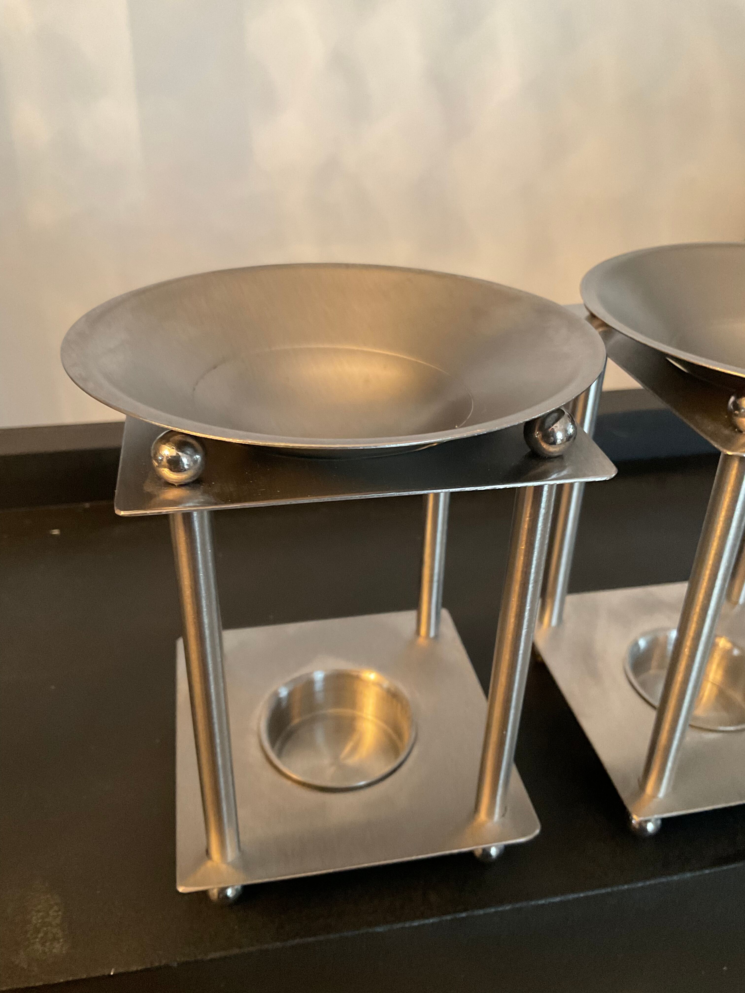 Pair of candlesticks/burner modernist perfume in chromed metal