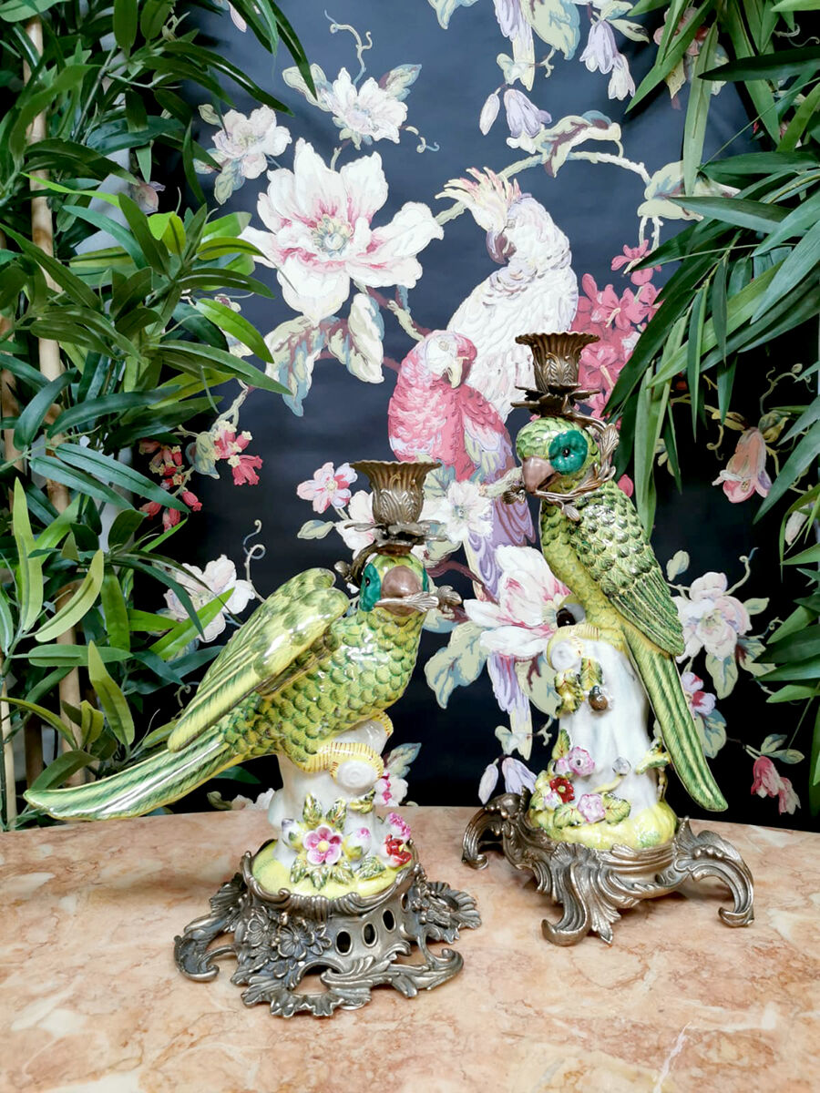 Set of 2 decorative brass candle holders porcelain parrots