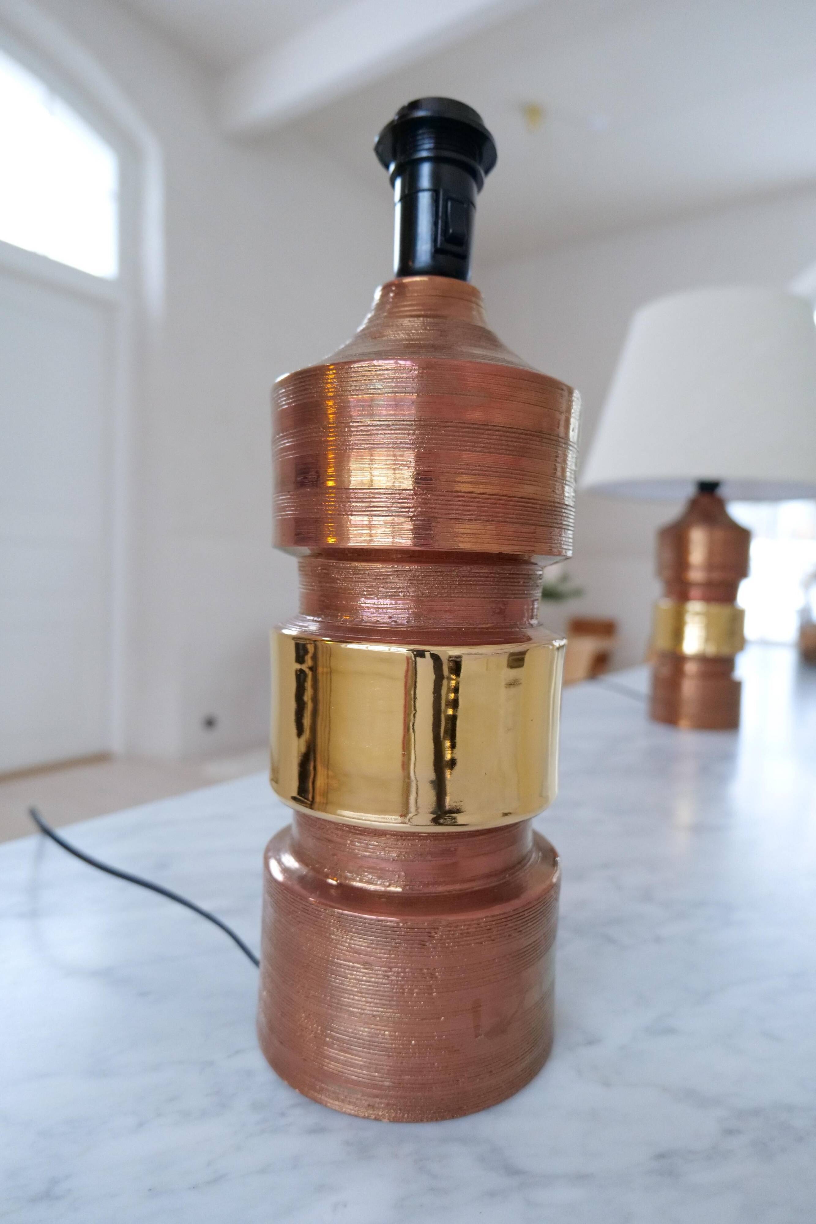 Vintage Bergboms Bitossi table lamps, ceramic with copper glaze, Sweden 1960s.