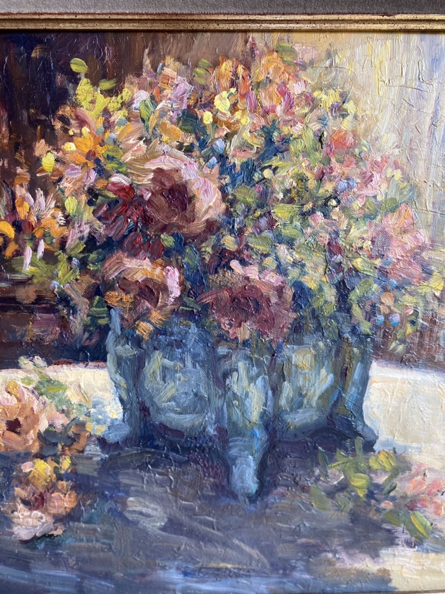 Ancient painting, Still Life with Flowers and Cartel Pendulum, signed, 20th century