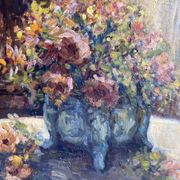 Ancient painting, Still Life with Flowers and Cartel Pendulum, signed, 20th century