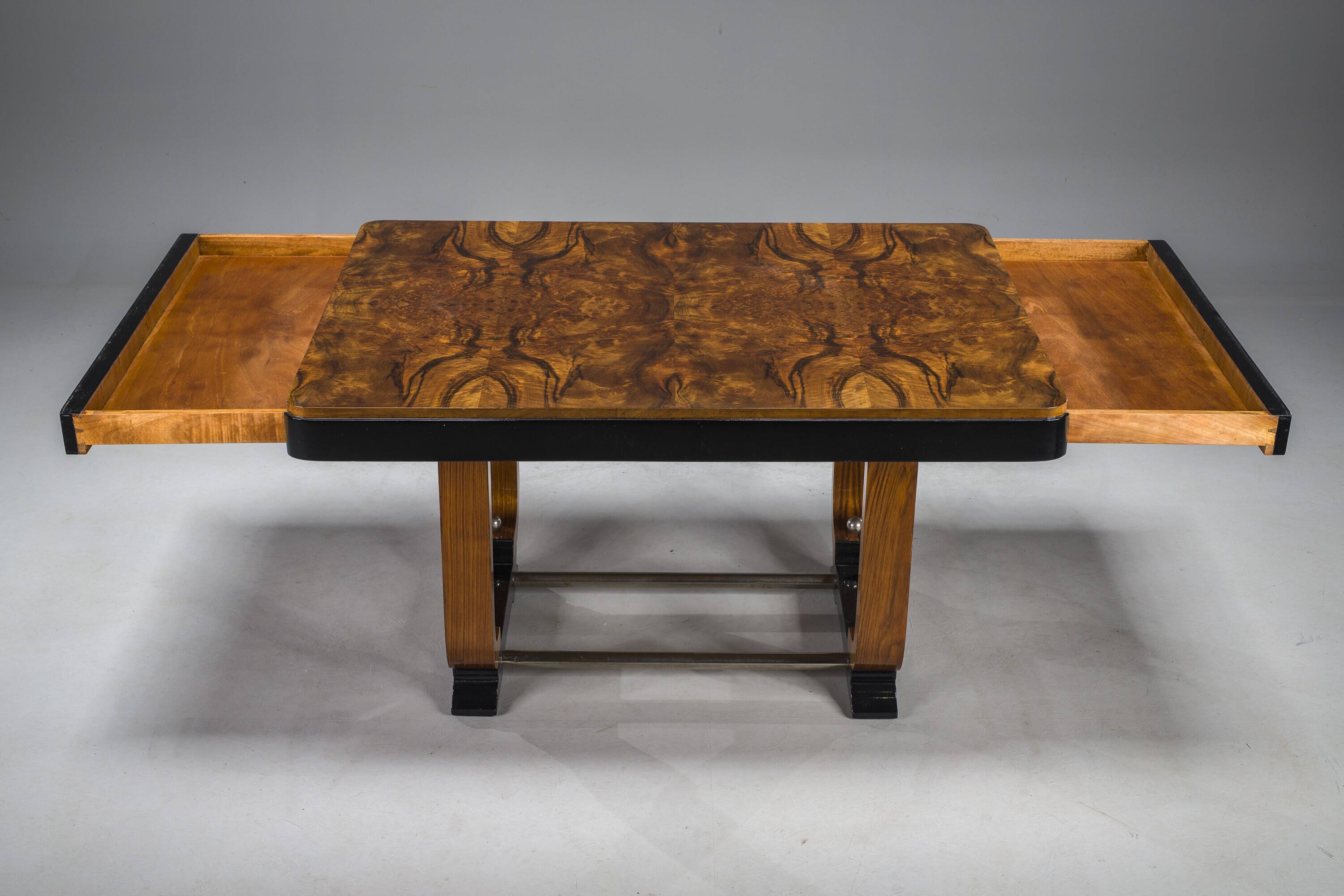 Art Deco French Walnut & Burl Dining Set, 1930s, Set of 7