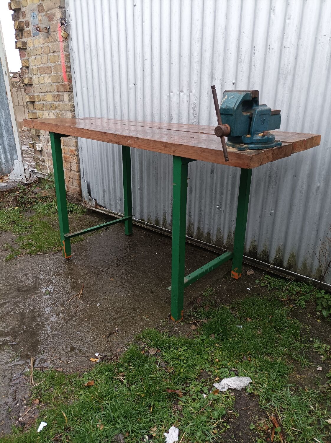Industrial workshop workbench, wood and metal work table