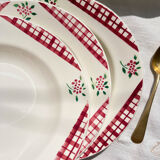 6 Digoin Sarreguemines Niger model soup plates with floral pattern and red/white checks