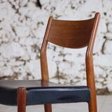 4 Scandinavian Fristho Franeker chairs in teak and faux leather, 1960.