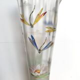 Frosted glass vase with enamel, flower, dragonfly and butterfly motifs