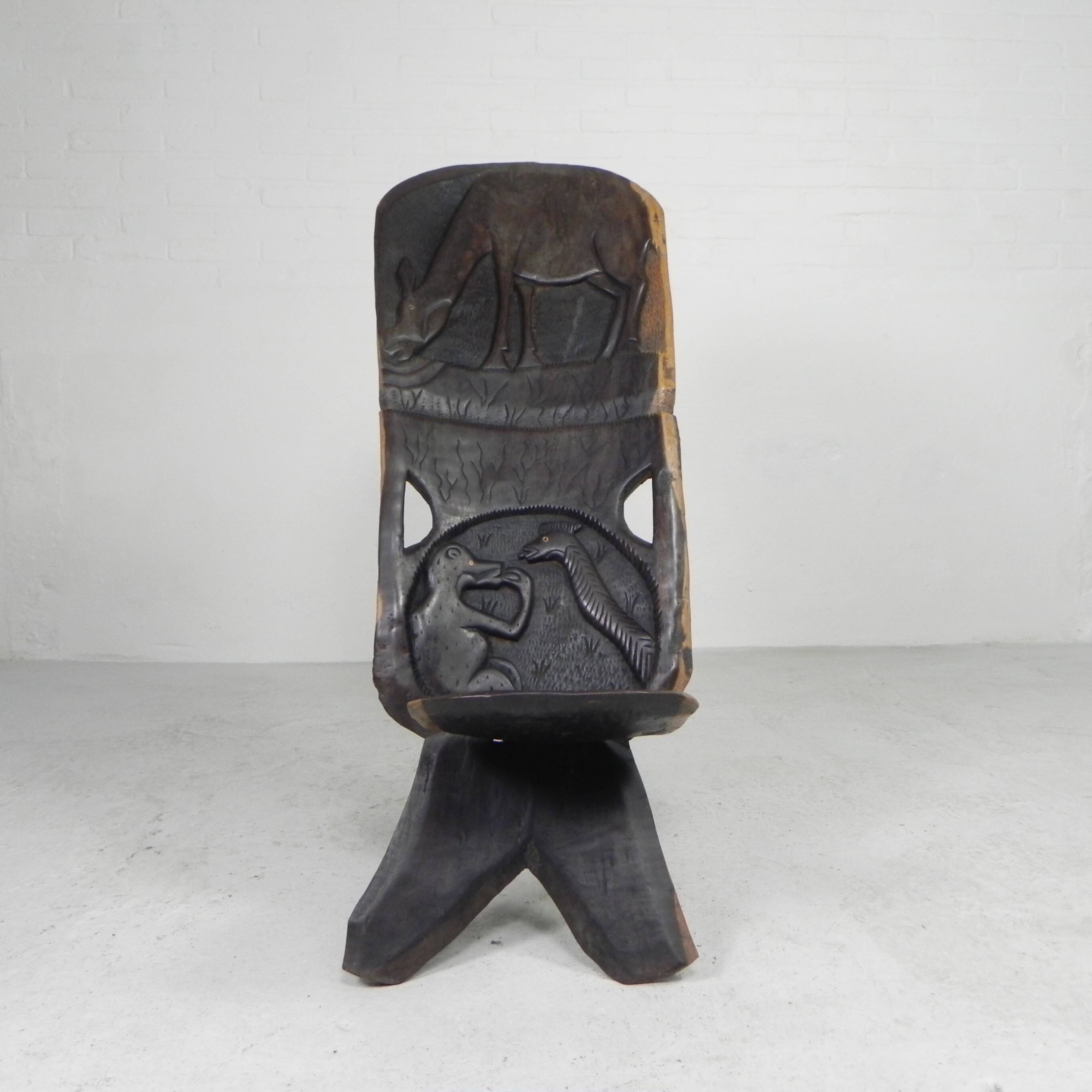 Solid ebony Makonde Palaver chair, 1970s