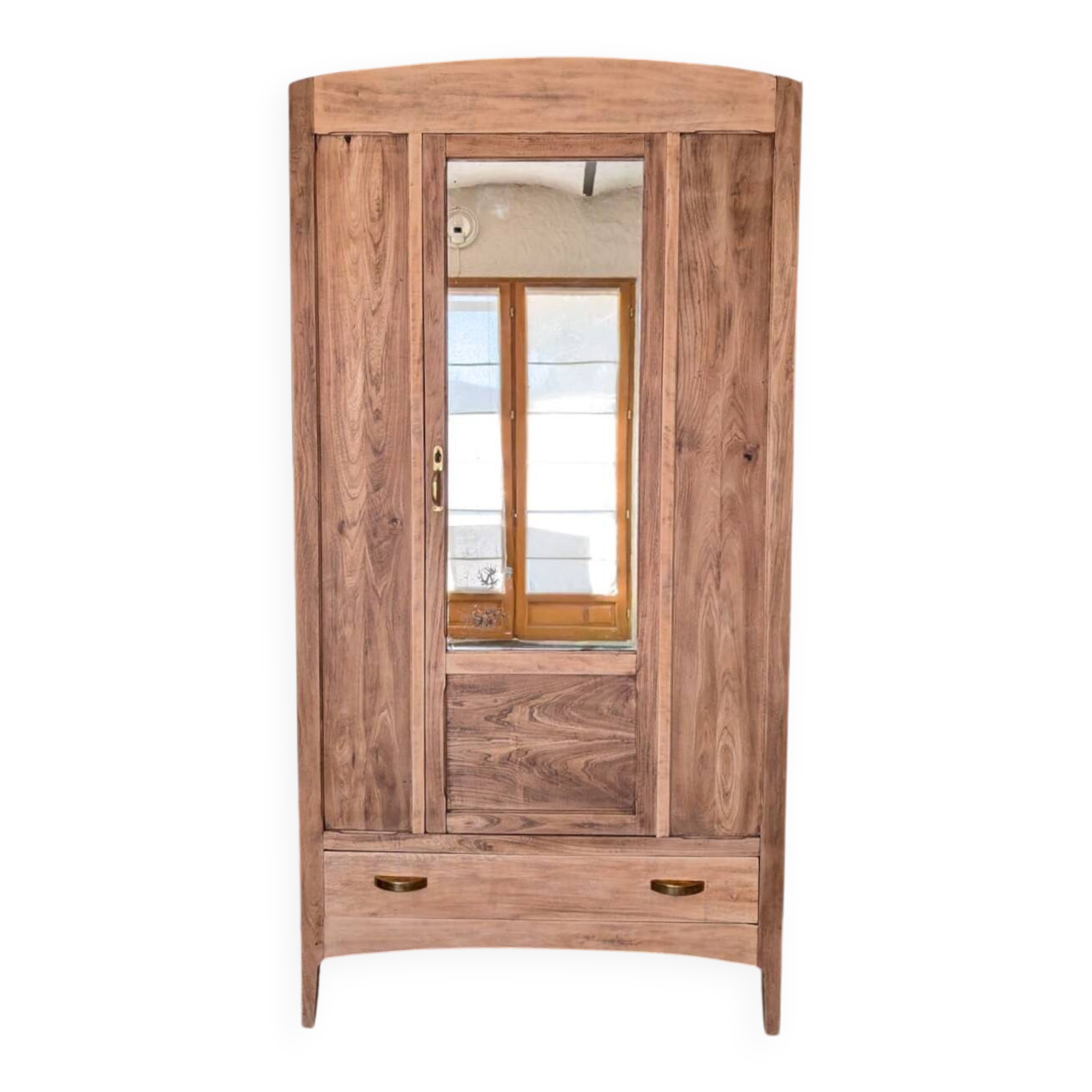 Bonnetière parisienne ancienne avec miroir en bois brut restauré