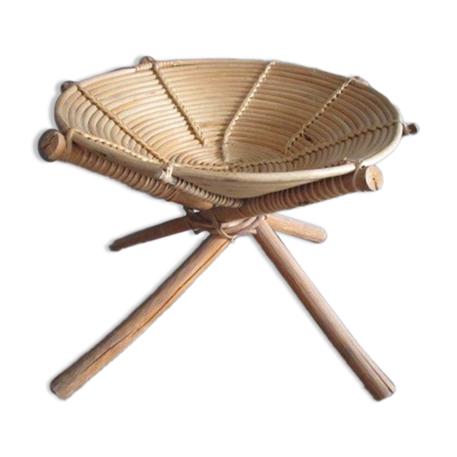 Corbeille sur pied vintage en bois,bambou et rotin