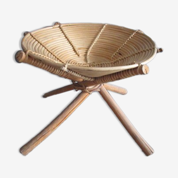 Vintage standing basket in wood, bamboo and rattan