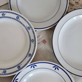 4 vintage dessert plates, mismatched blue and white porcelain faience.