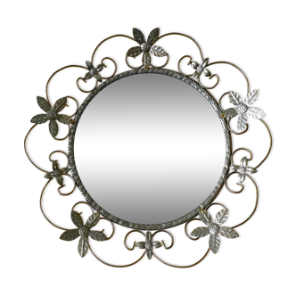 Miroir sorcière, fleurs en métal doré, 44 cm