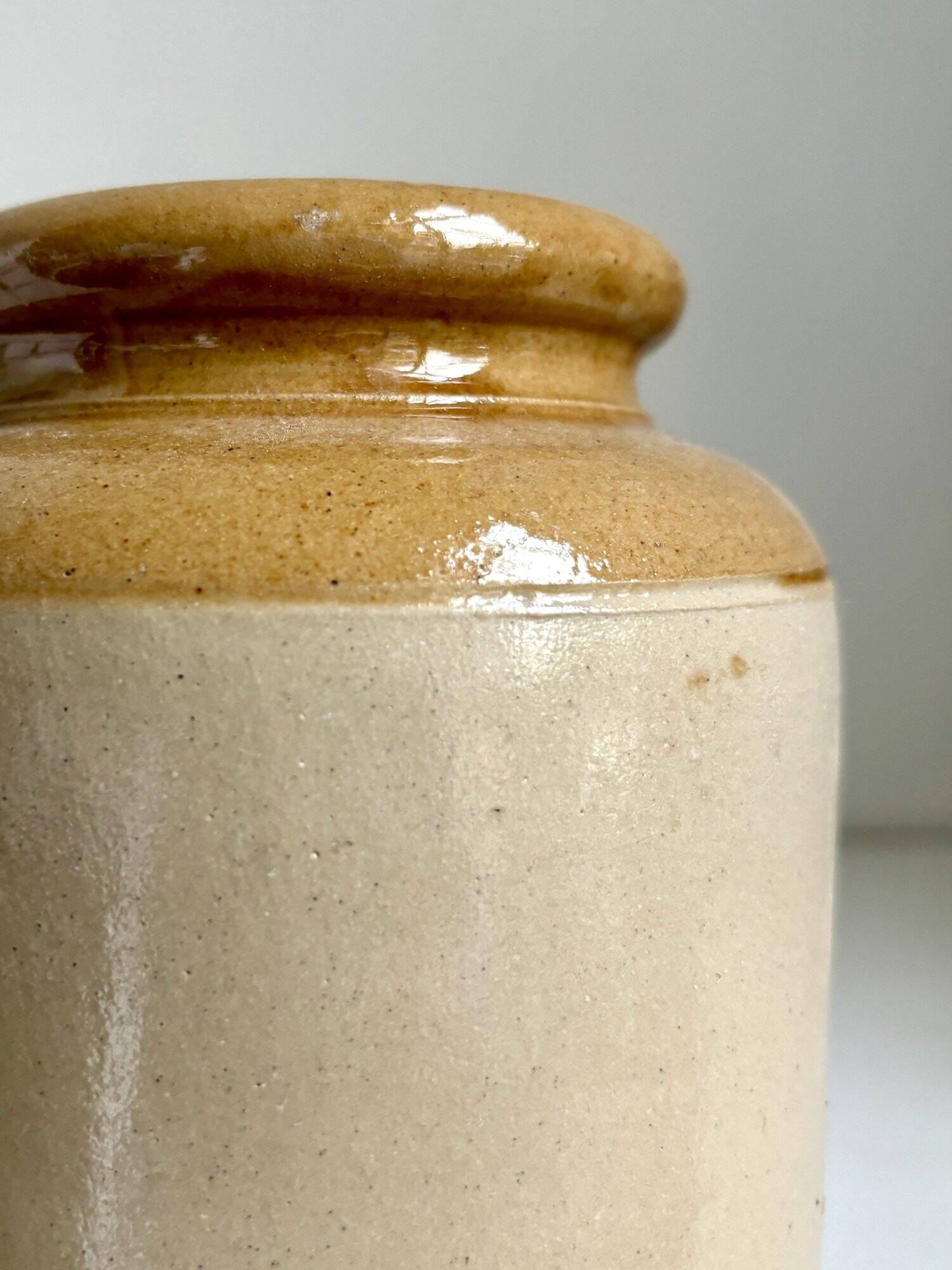 Mustard pot in ocher and beige enamelled stoneware