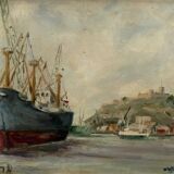 Original Impressionist Landscape Oil on Board Boats in Harbor