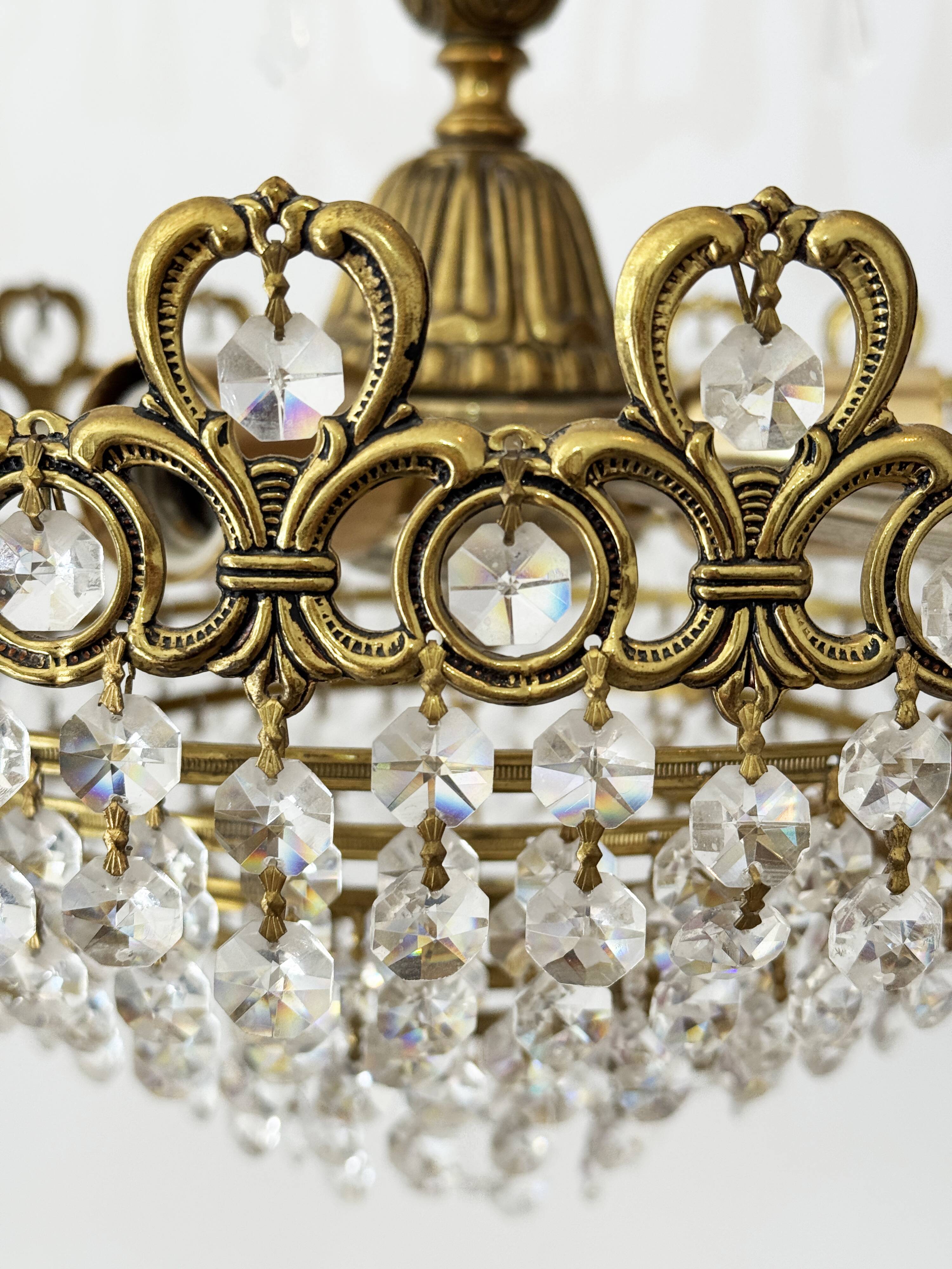 Brass and cut crystal basket chandelier, Empire style.