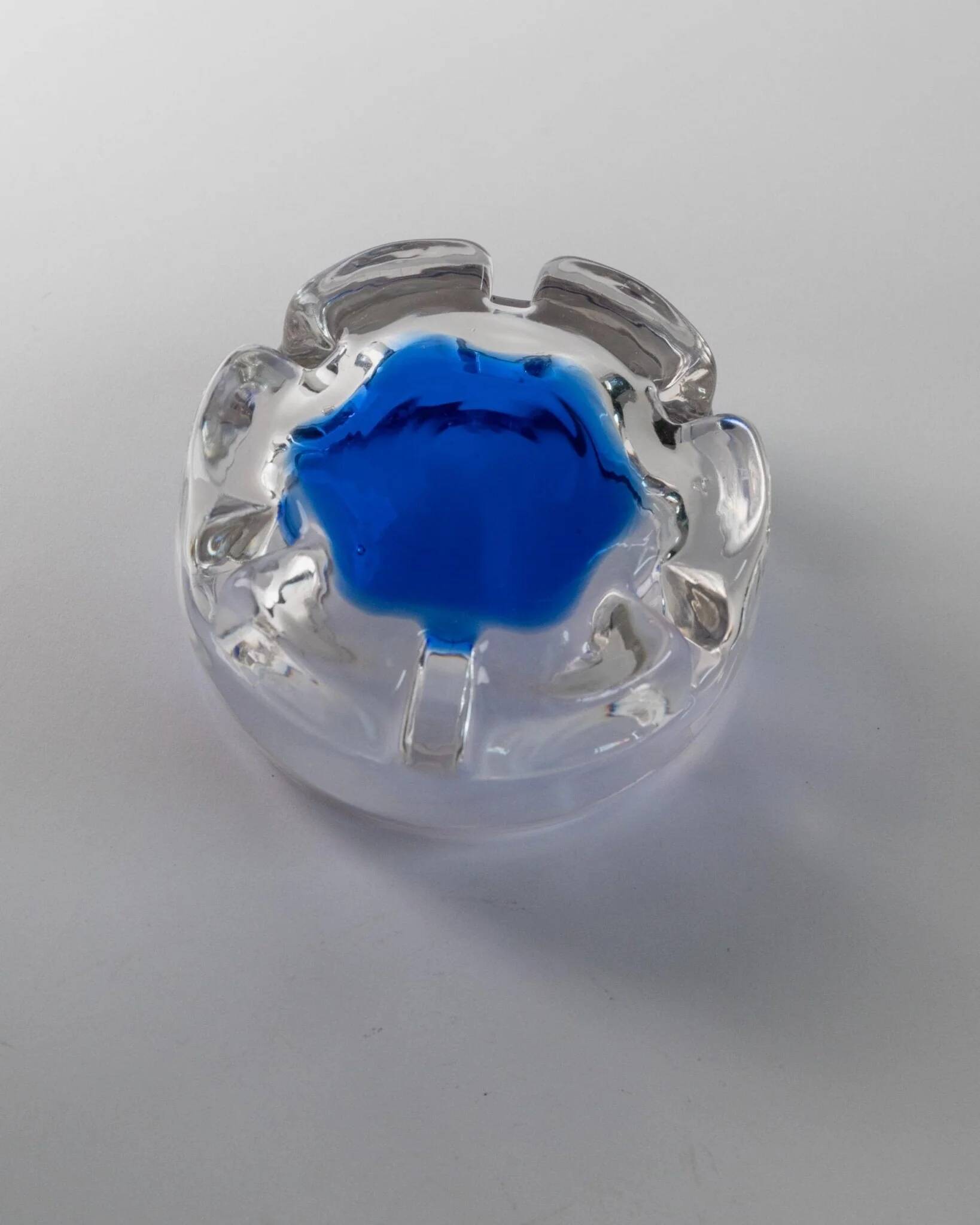 Vintage Murano Glass Ashtray: clear glass with cobalt-blue bubble, mid-century Italian design