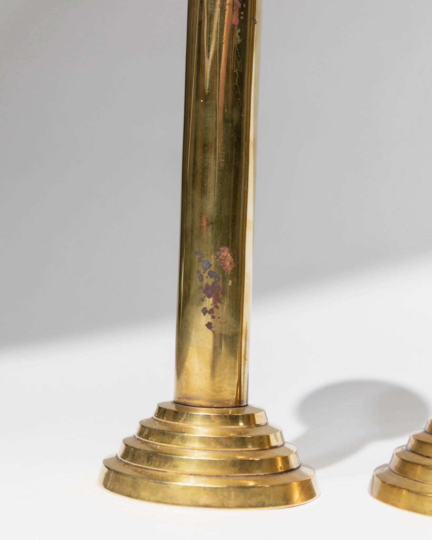 Gold-Plated Metal Candle Holders Set of 2, 1960s Italian Column Design, Vintage Table Decor
