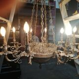 Large, rare antique chandelier in solid silver-plated bronze, Empire style, 12 light points.