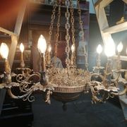 Large, rare antique chandelier in solid silver-plated bronze, Empire style, 12 light points.