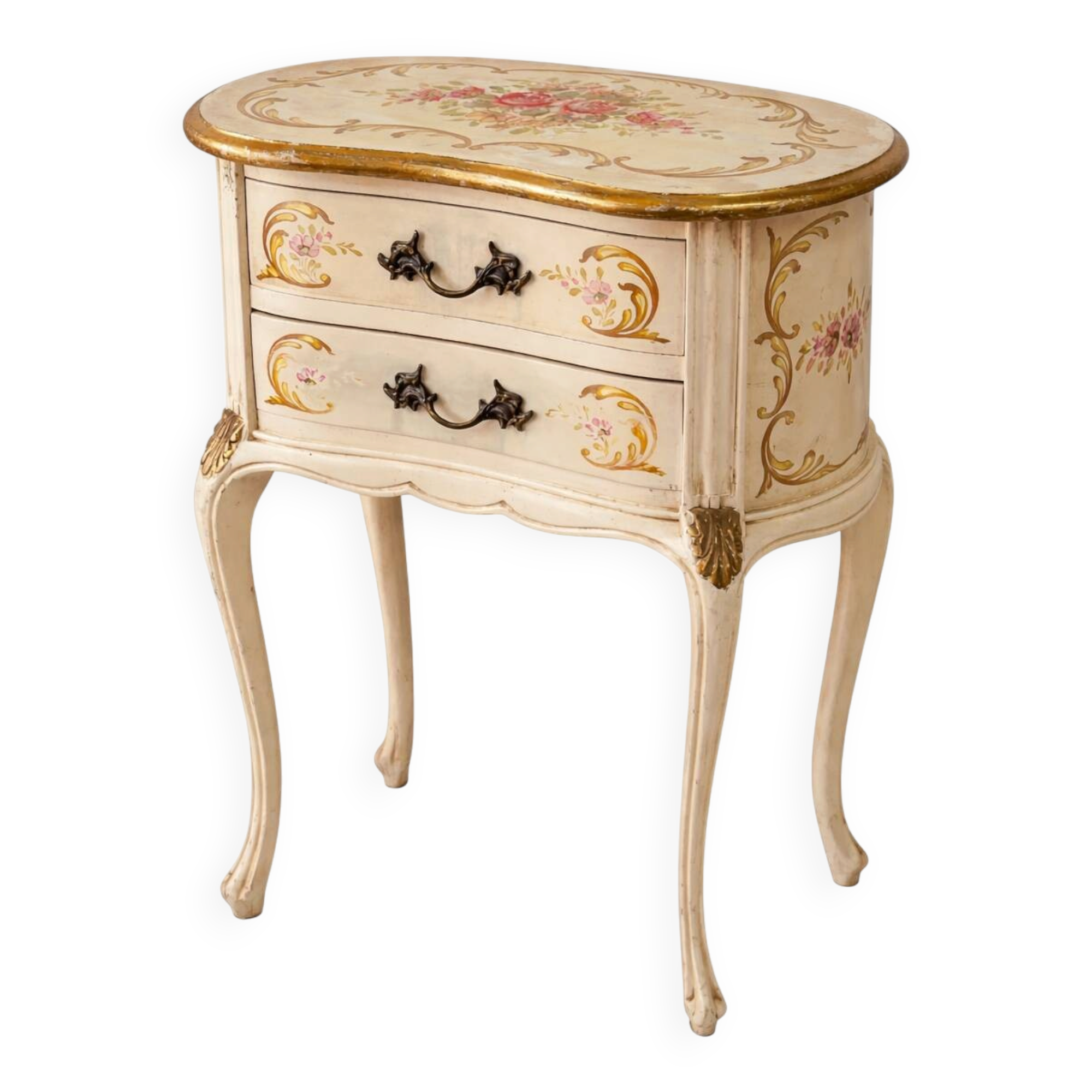 Curved bedside table painted with floral shabby decor – Louis XV style