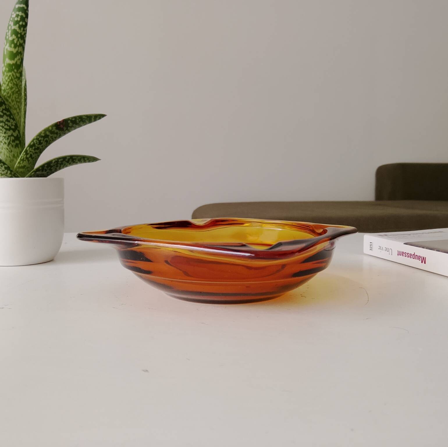 Vintage amber Duralex ashtray from the 1970s.