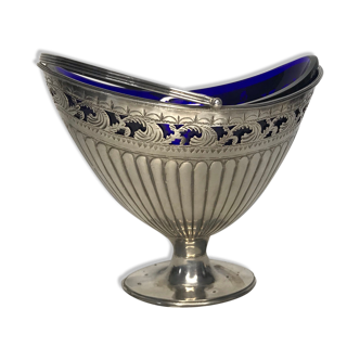 Ancien confiturier à anse métal argenté et verre bleu XIXème