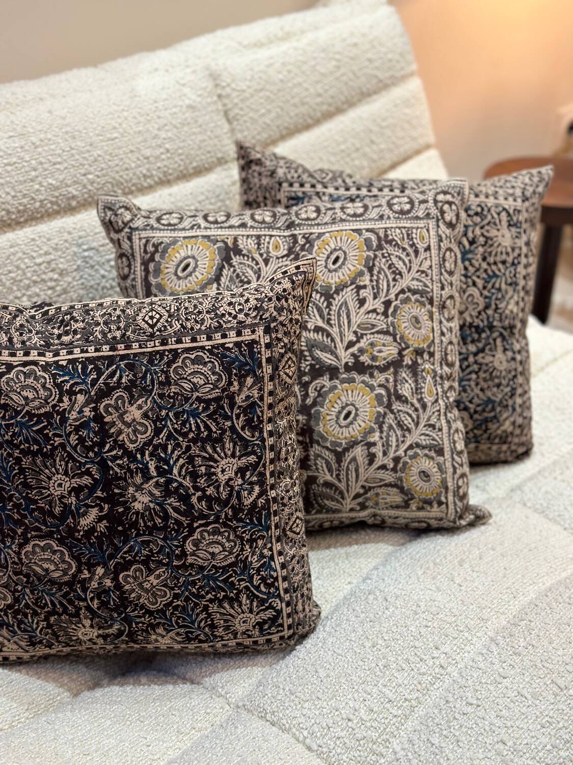 “Indian garden” flower block print cushion - brown/blue