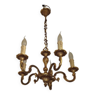 Vintage French traditional style bronze chandelier with 5 lights featuring acanthus leaf details.