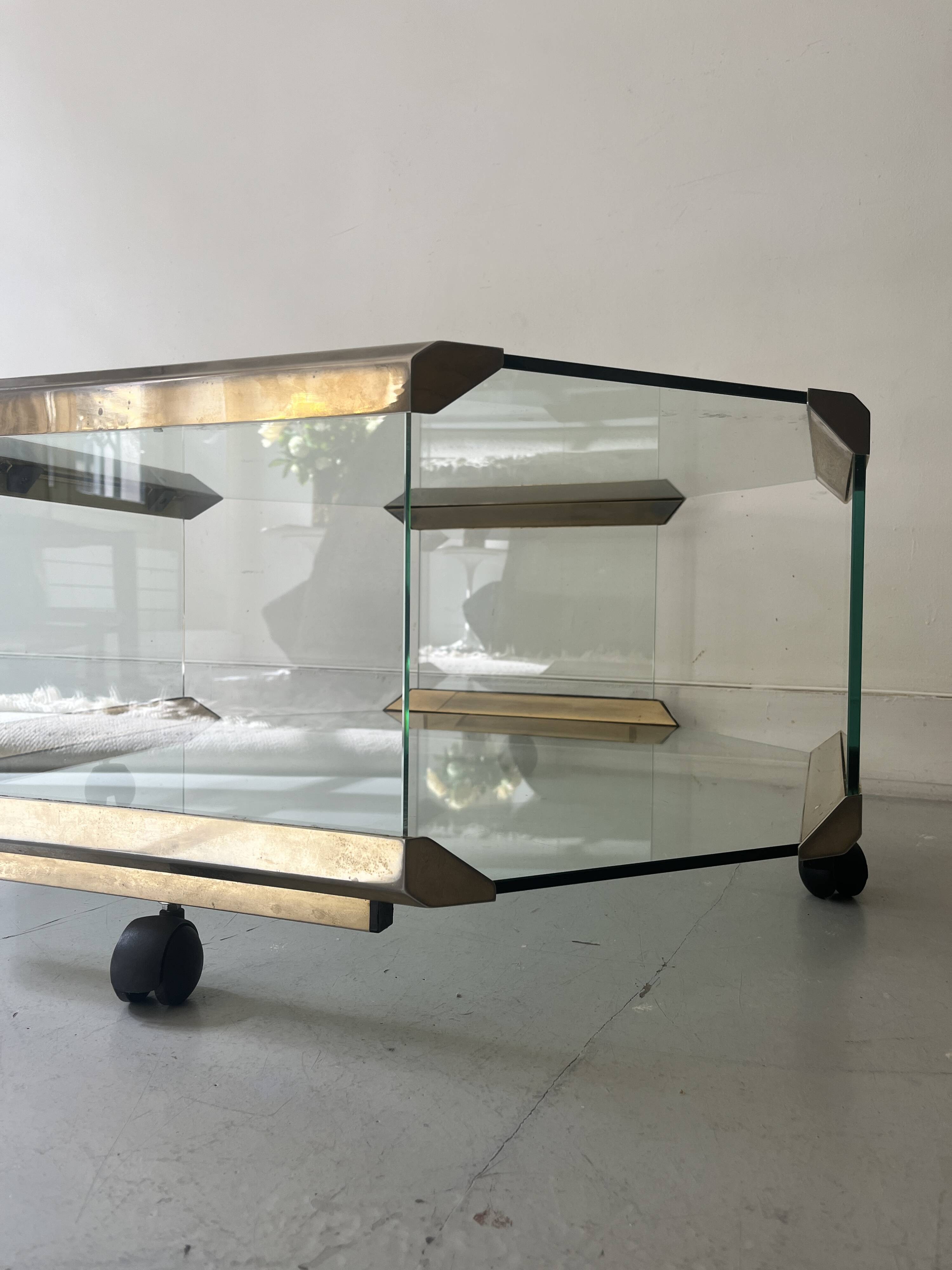 Hexagonal coffee table on wheels in glass and brass by Galloti & Radice, Italy 1970