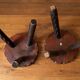 Set of two vintage round tripod stools, wooden farm stools.