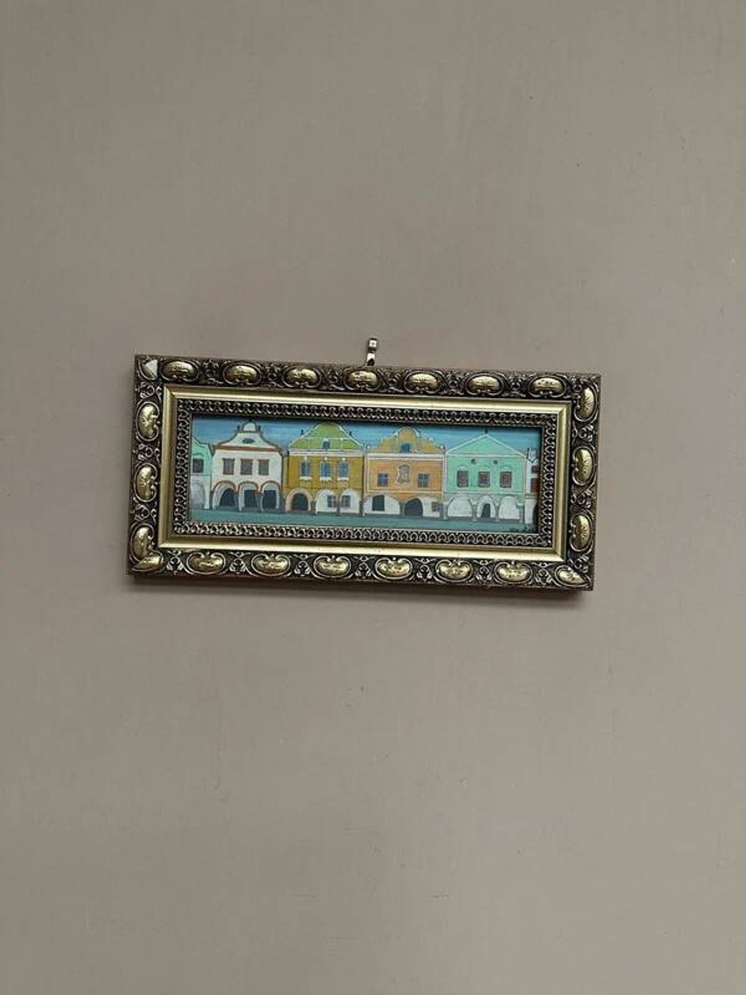 Original woodcut art 'Buildings I' by unknown artist, vintage & framed 34×16cm