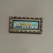 Original woodcut art 'Buildings I' by unknown artist, vintage & framed 34×16cm