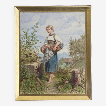 Tableau Aquarelle "Jeune femme au panier" Gustave Roux (1828-1885)