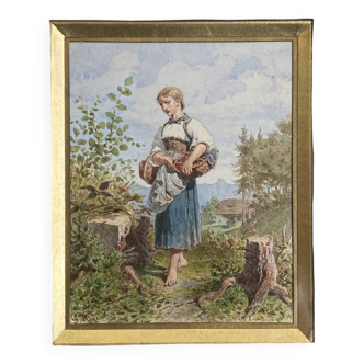 Watercolor Painting "Young Woman with Basket" Gustave Roux (1828-1885)