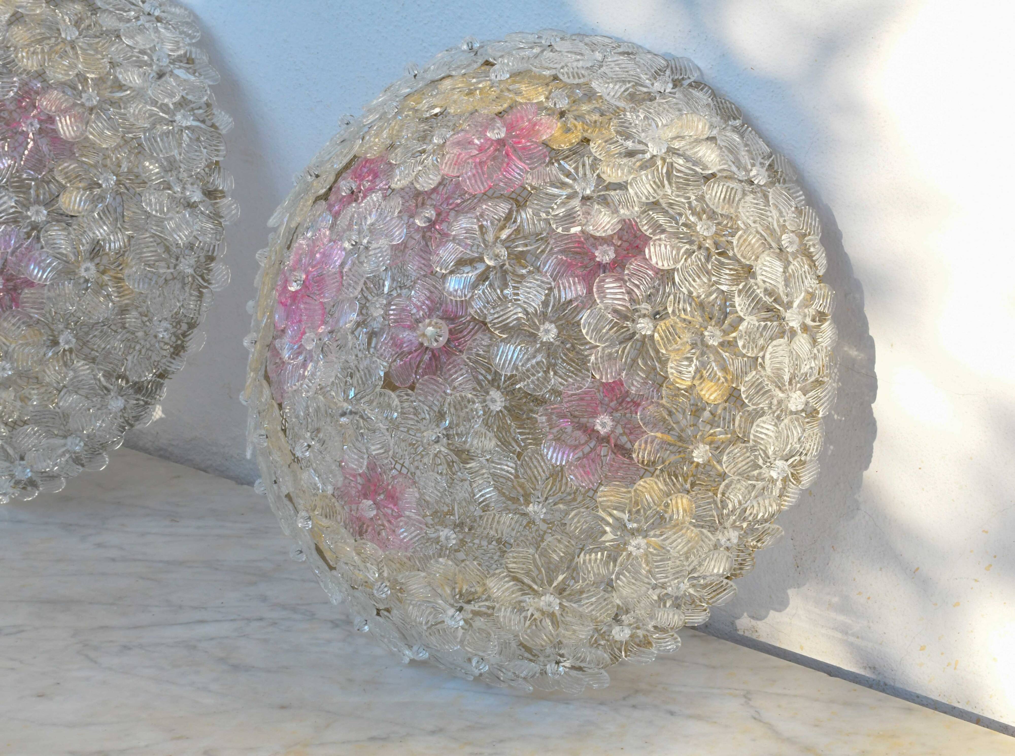 Amazing set of 2 Murano glass ceiling flower by Seguso for Venini