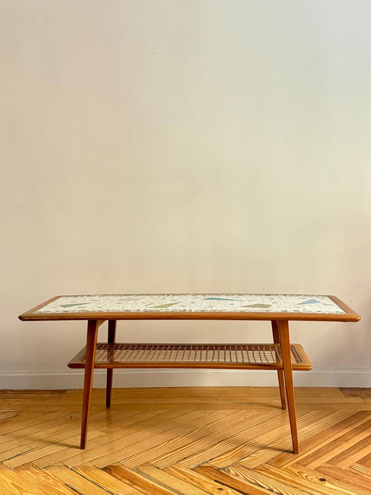 Mosaic coffee table, teak and straw, created by designer Paul Jensen.