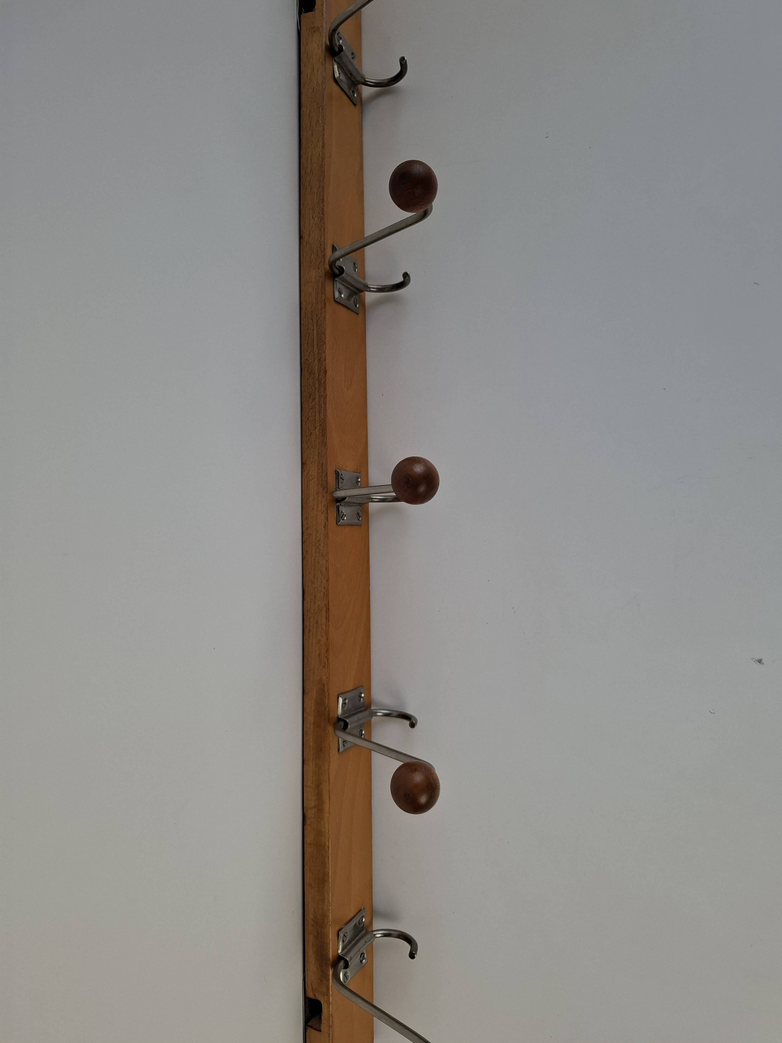 Czechoslovak Midcentury Wooden and Metal Wall Coat Rack, 1960s