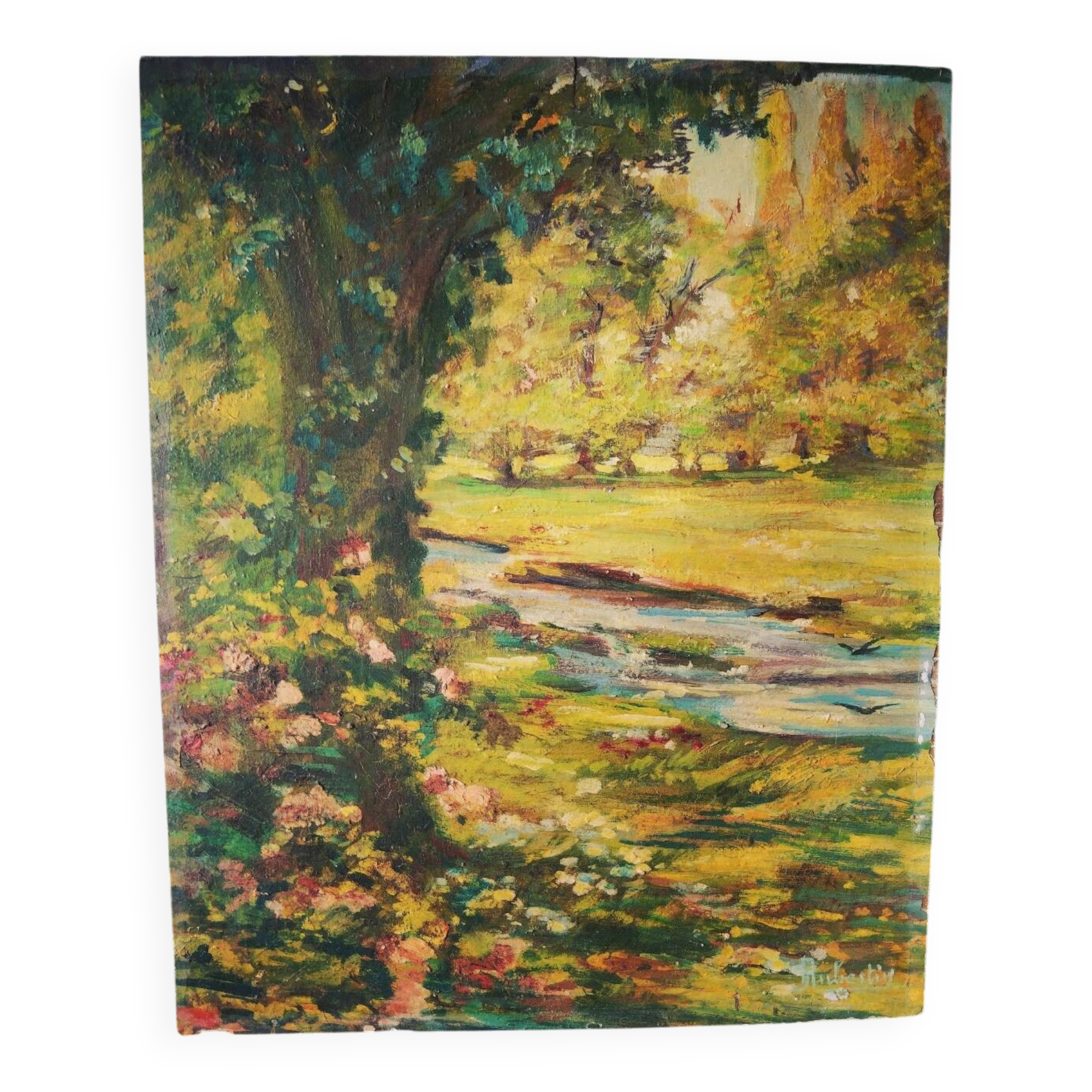 Old impressionist painting landscape river oil on wood signed