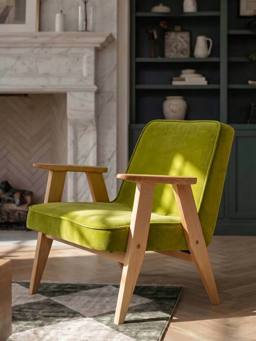Fauteuil vintage en velours vert poire, bois naturel huilé.