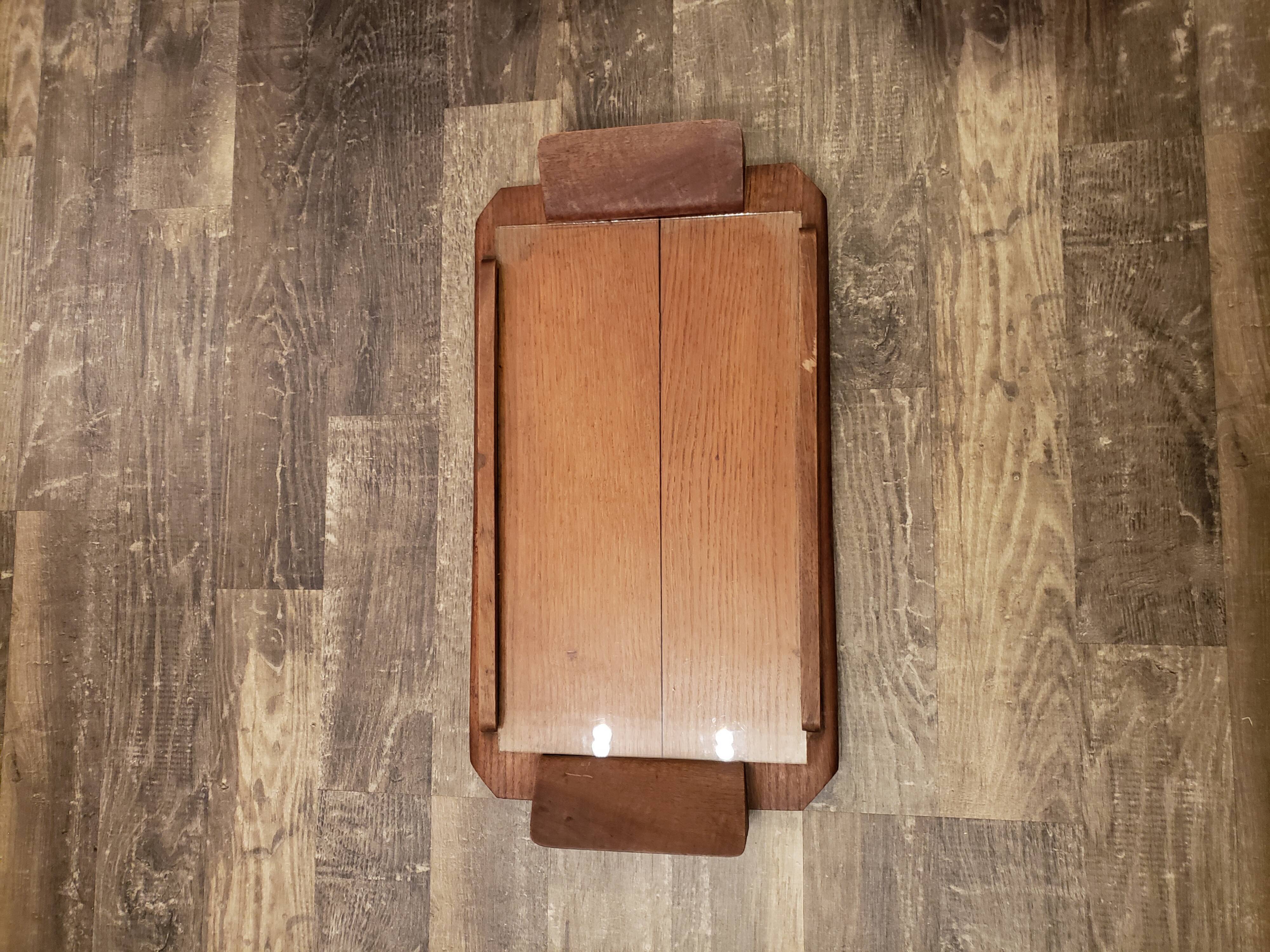 Vintage rectangular wooden serving top with glass plate