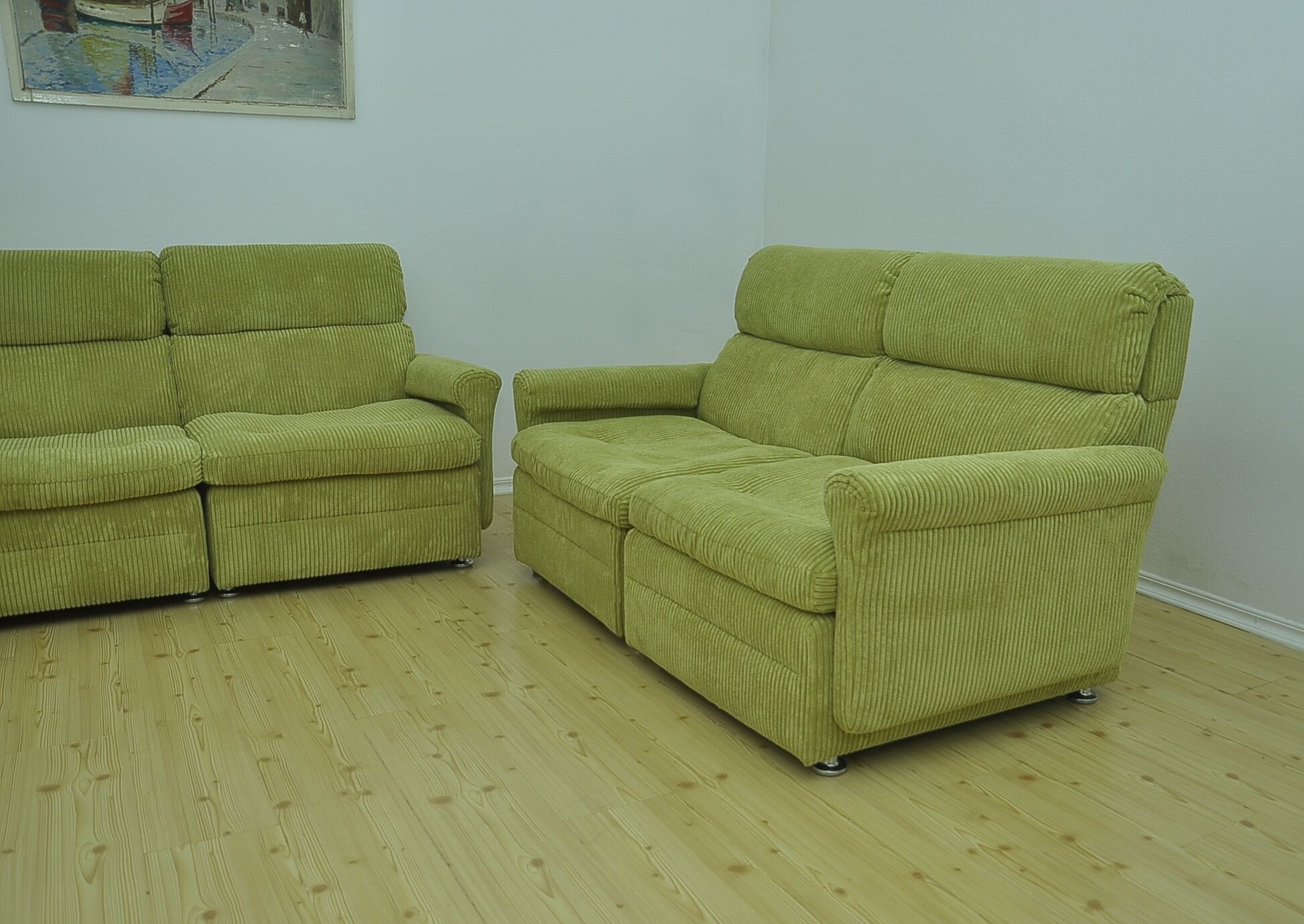 Green corduroy modular sofa from the 70s, 7 pieces