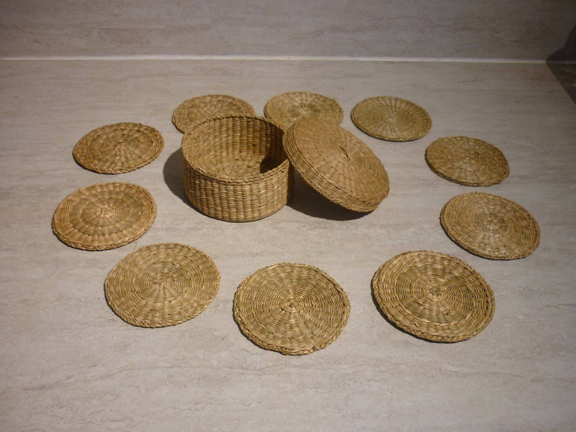 10 coasters in their wicker box